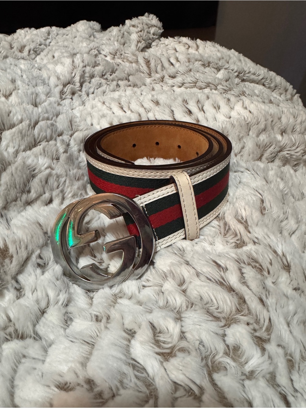 Gucci Red/Green Striped Web Canvas Belt with Silver Interlocking GG Buckle